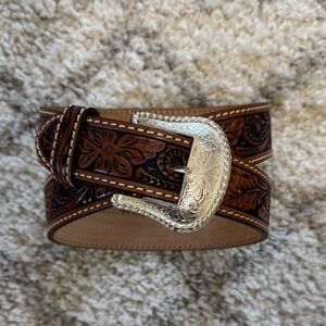 Tony Lama Tooled Brown Leather Western Belt with Silver Buckle
